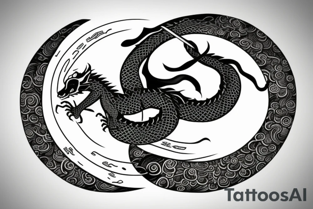 Elegant dragon wrapped around the moon piercing it with a katana tattoo idea