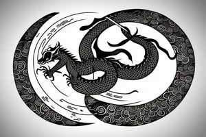 Elegant dragon wrapped around the moon piercing it with a katana tattoo idea