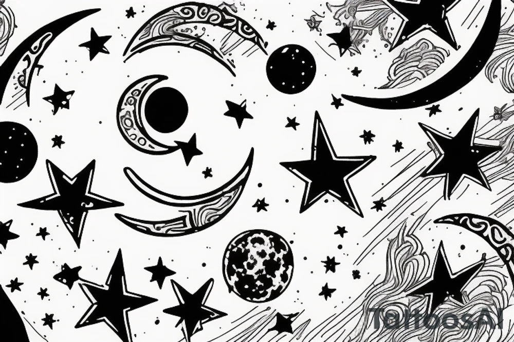 Feminine moon with shooting stars tattoo idea