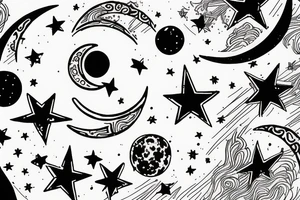 Feminine moon with shooting stars tattoo idea