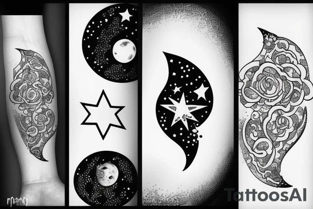 Feminine moon with shooting stars tattoo idea