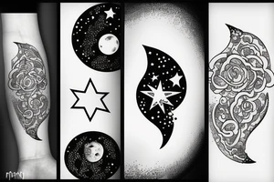 Feminine moon with shooting stars tattoo idea