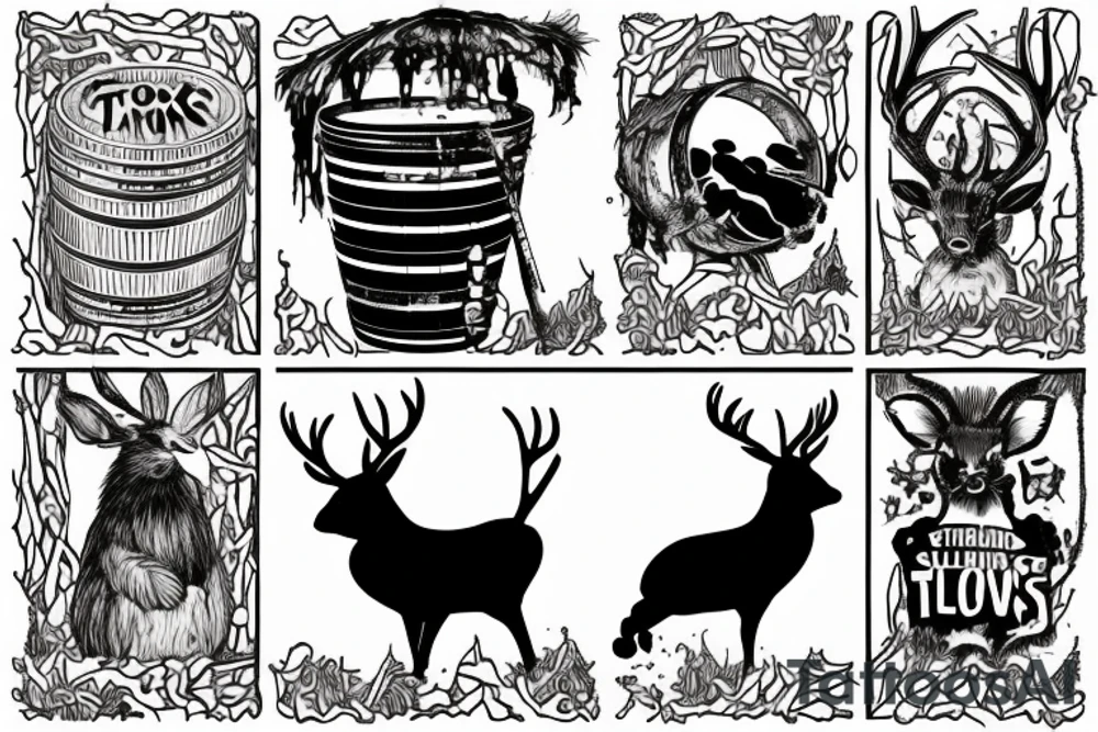 A toxic waste barrel on its side with black sludge pouring out. A stag with large antlers is poking its head out of the barrel. A rabbit is sitting upright in the sludge. One bird is flying away and another bird is standing adjacent to the sludge. tattoo idea
