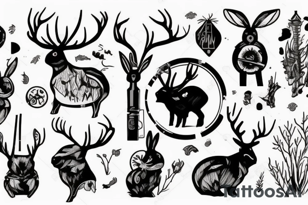 A toxic waste barrel on its side with black sludge pouring out. A stag with large antlers is poking its head out of the barrel. A rabbit is sitting upright in the sludge. One bird is flying away and another bird is standing adjacent to the sludge. tattoo idea