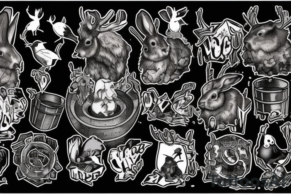 A toxic waste barrel on its side with black sludge pouring out. A stag with large antlers is poking its head out of the barrel. A rabbit is sitting upright in the sludge. One bird is flying away and another bird is standing adjacent to the sludge. tattoo idea