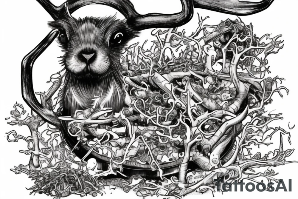 A toxic waste barrel on its side with black sludge pouring out. A stag with large antlers is poking its head out of the barrel. A rabbit is sitting upright in the sludge. One bird is flying away and another bird is standing adjacent to the sludge. tattoo idea