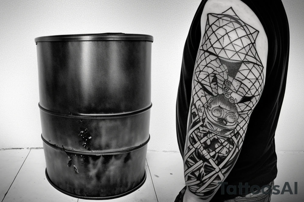 A toxic waste barrel on its side with black sludge pouring out. tattoo idea