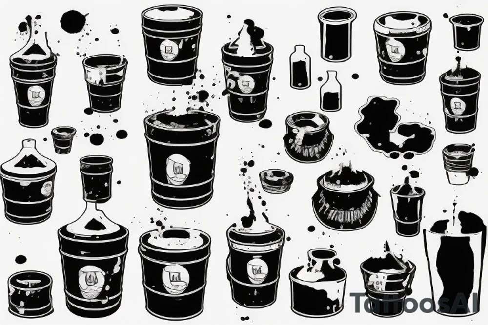 A toxic waste barrel on its side with black sludge pouring out. tattoo idea