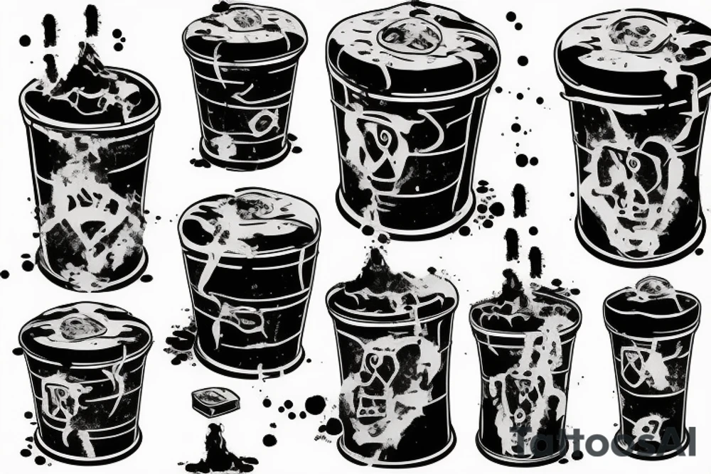 A toxic waste barrel on its side with black sludge pouring out. tattoo idea