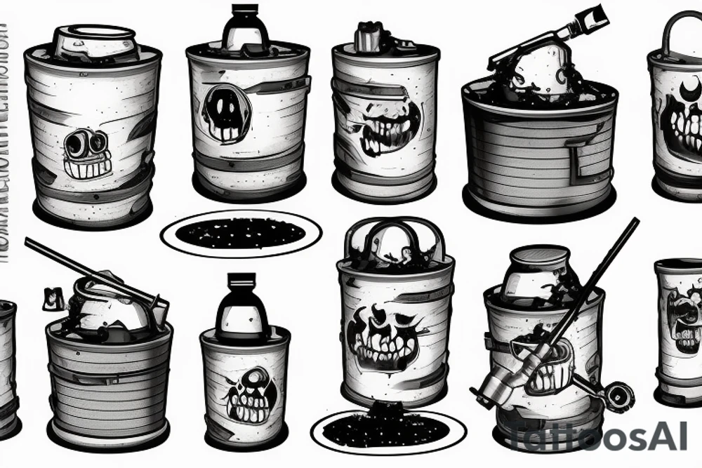 A toxic waste barrel on its side with black sludge pouring out. tattoo idea