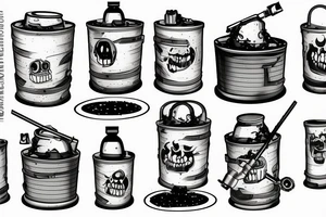 A toxic waste barrel on its side with black sludge pouring out. tattoo idea