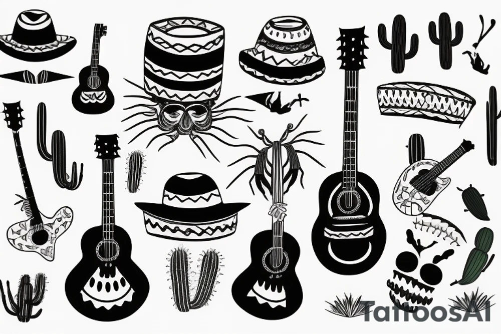 Mexican guitar with a scorpion and a Mexican hat and cactus tattoo idea