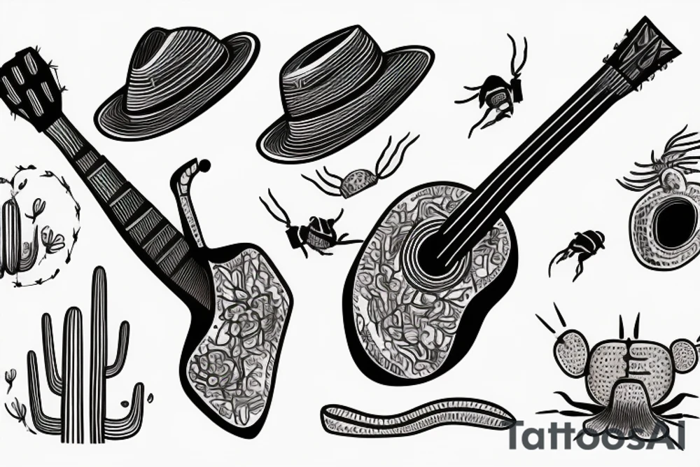 Mexican guitar with a scorpion and a Mexican hat and cactus tattoo idea