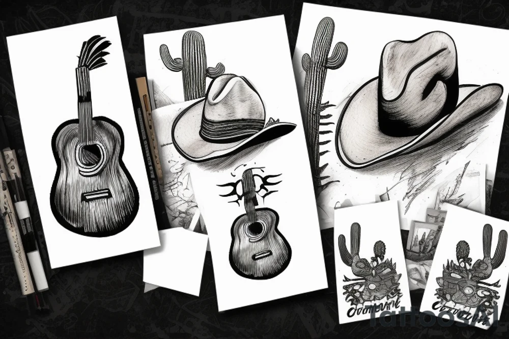 Guitar leaning on a cactus with a cowboy hat and scorpion on the ground tattoo idea