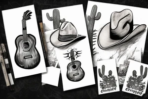 Guitar leaning on a cactus with a cowboy hat and scorpion on the ground tattoo idea