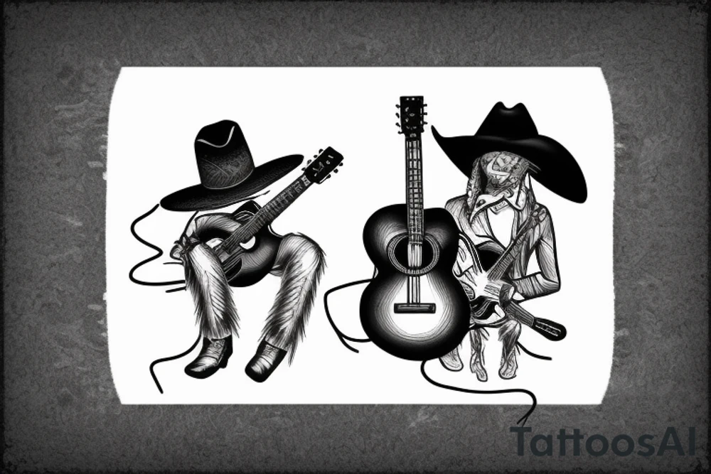 Guitar leaning on a cactus with a cowboy hat and scorpion on the ground tattoo idea