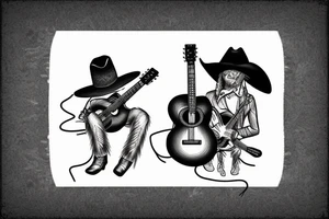 Guitar leaning on a cactus with a cowboy hat and scorpion on the ground tattoo idea