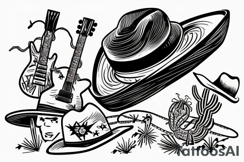 Guitar leaning on a cactus with a cowboy hat and scorpion on the ground tattoo idea
