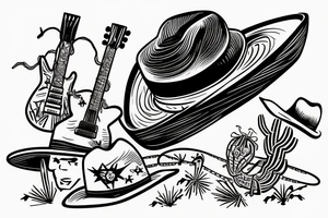 Guitar leaning on a cactus with a cowboy hat and scorpion on the ground tattoo idea