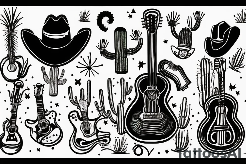 Guitar leaning on a cactus with a cowboy hat and scorpion on the ground tattoo idea