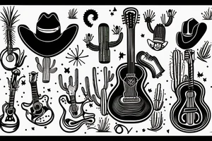 Guitar leaning on a cactus with a cowboy hat and scorpion on the ground tattoo idea