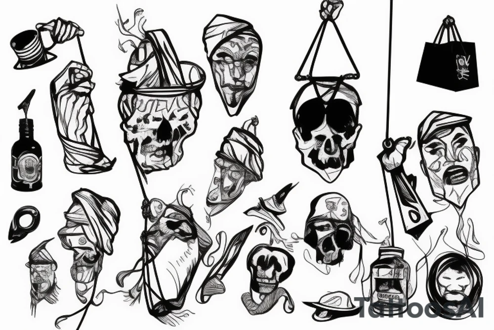 a man hanging from a rope with a paper bag on his head tattoo idea