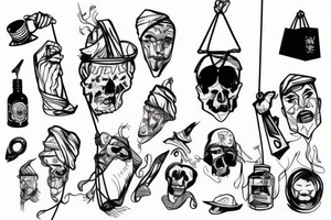 a man hanging from a rope with a paper bag on his head tattoo idea