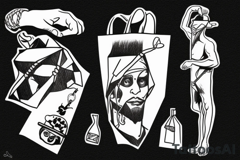 a man hanging from a rope with a paper bag on his head tattoo idea