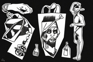 a man hanging from a rope with a paper bag on his head tattoo idea