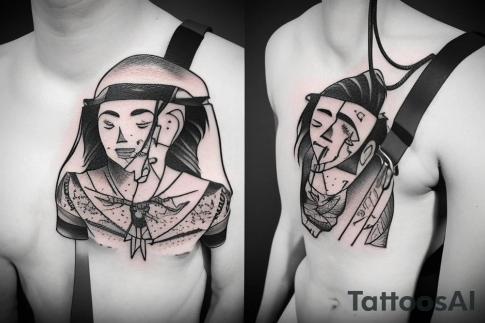 a man hanging from a rope with a paper bag on his head tattoo idea