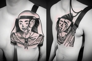 a man hanging from a rope with a paper bag on his head tattoo idea