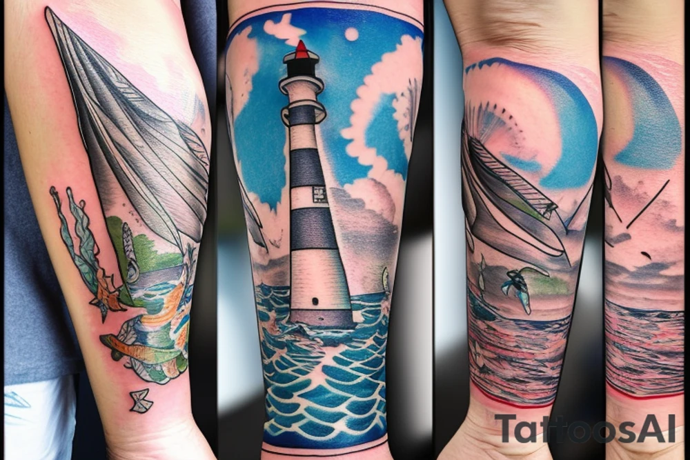 a repaired lighthouse with a mermaid underneath tattoo idea