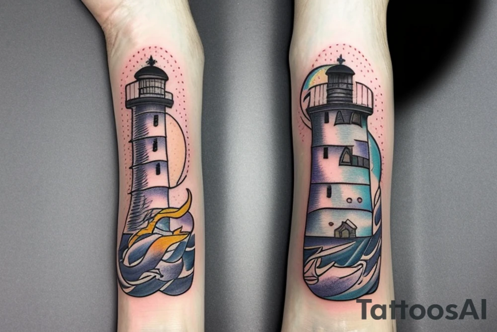 a repaired lighthouse with a mermaid underneath tattoo idea