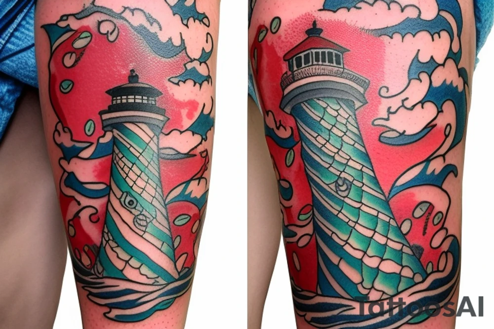 a repaired lighthouse with a mermaid underneath red tattoo idea
