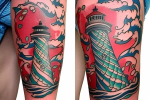 a repaired lighthouse with a mermaid underneath red tattoo idea