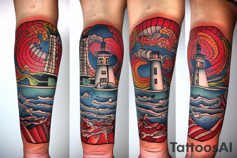 a repaired lighthouse with a mermaid underneath red tattoo idea
