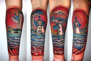 a repaired lighthouse with a mermaid underneath red tattoo idea