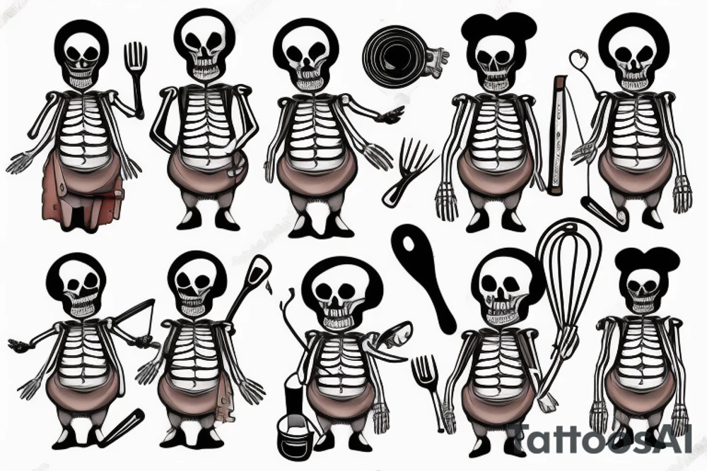 Skeleton with apron. He is a chef tattoo idea