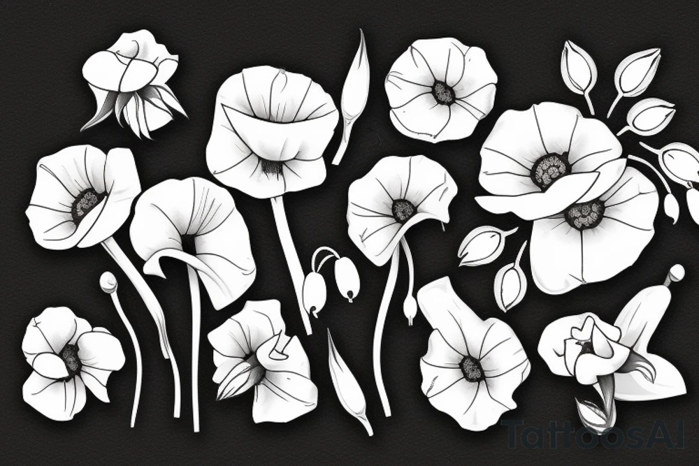 A bouquet of flowers with a lily of the valley, a rose and a poppy flower tattoo idea