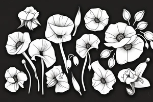 A bouquet of flowers with a lily of the valley, a rose and a poppy flower tattoo idea