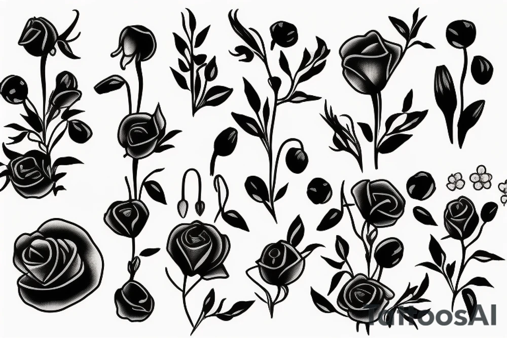 A bouquet of flowers with a lily of the valley, a rose and a poppy flower tattoo idea