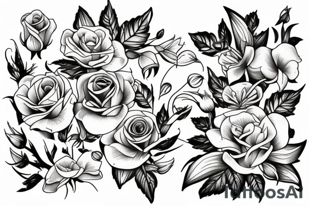 A bouquet of flowers with a lily of the valley, a rose and a poppy flower tattoo idea