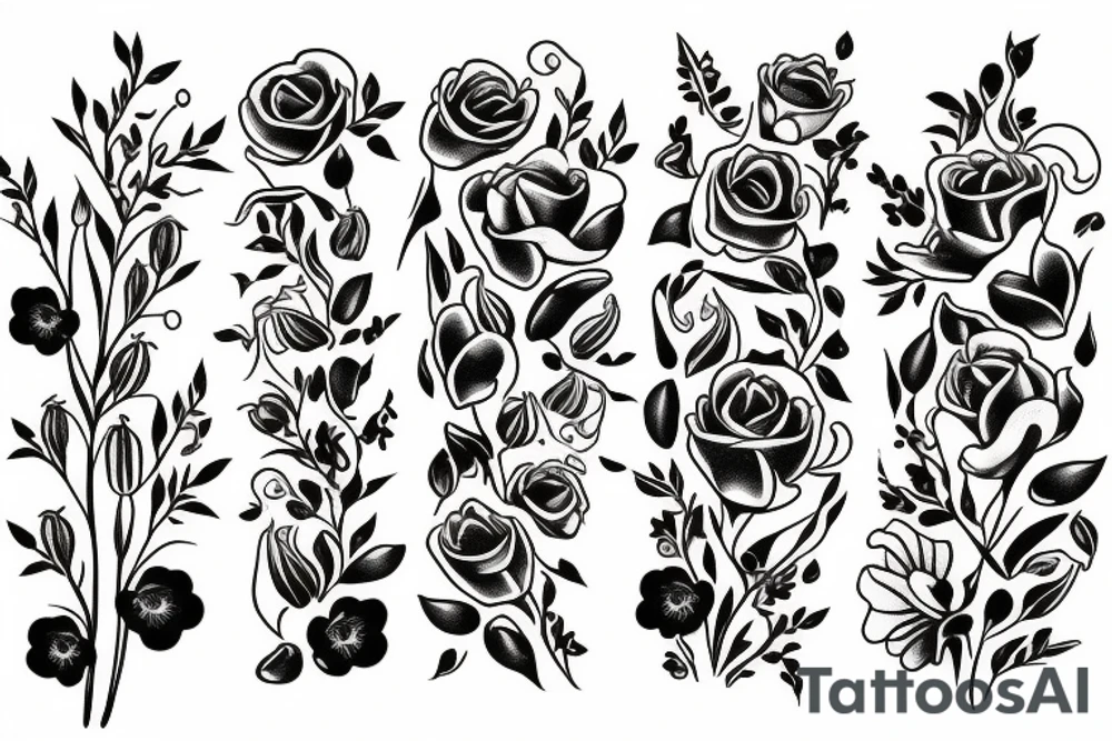 A bouquet of flowers with a lily of the valley, a rose and a poppy flower tattoo idea