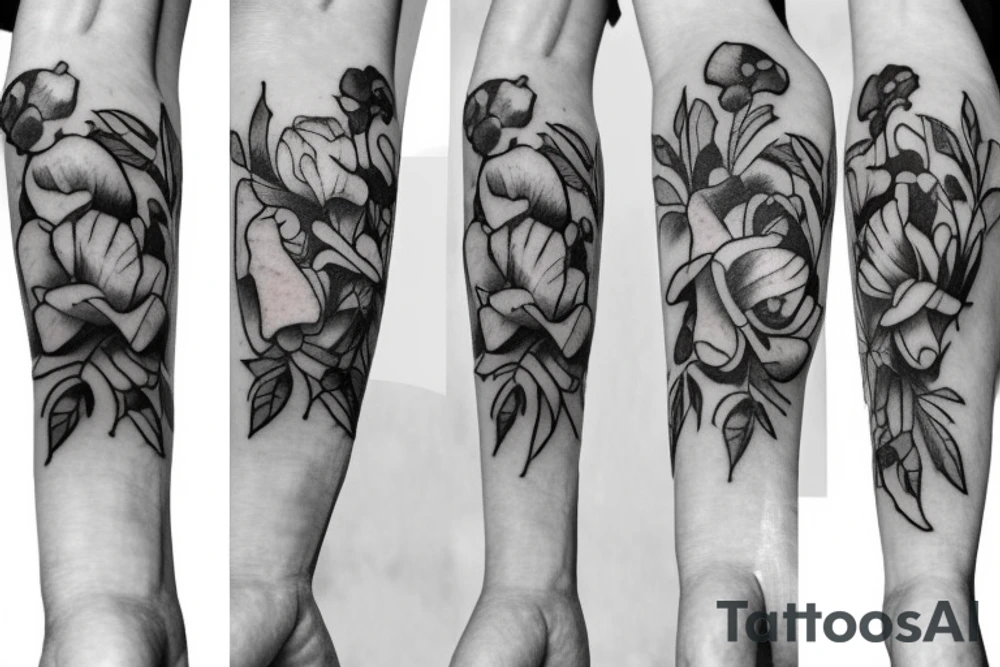 A bouquet of flowers with a lily of the valley, a rose and a poppy flower tattoo idea