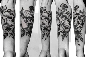 A bouquet of flowers with a lily of the valley, a rose and a poppy flower tattoo idea