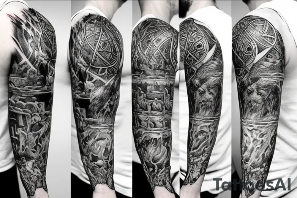 Full length sleeve mix of surrealism and viking tattoo idea