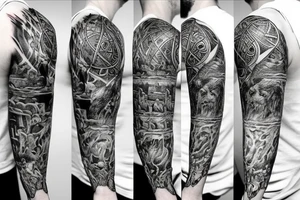 Full length sleeve mix of surrealism and viking tattoo idea