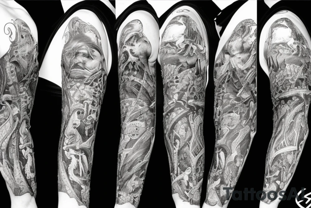 Full length sleeve mix of surrealism and viking tattoo idea