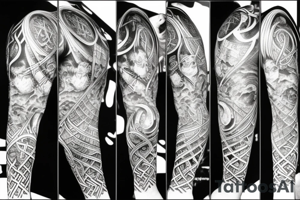 Full length sleeve mix of surrealism and viking with open space tattoo idea