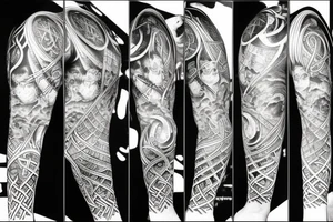 Full length sleeve mix of surrealism and viking with open space tattoo idea